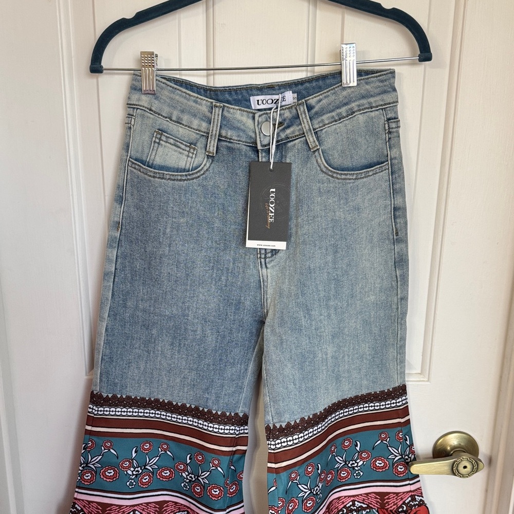 Light Blue Floral-Trim Wide Leg Jeans